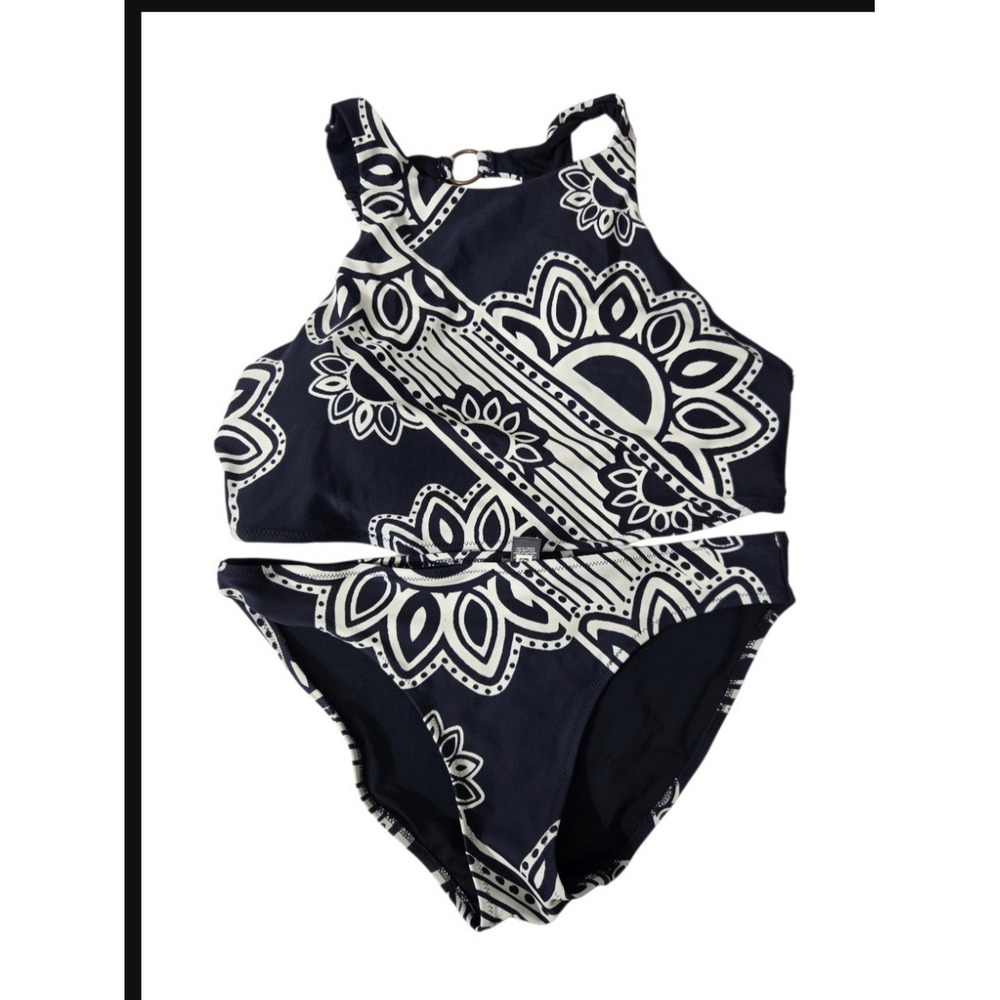 Aerie Bikini Set Navy Blue White Medallion High Neck Crop Top XL‎ Bottoms Medium
